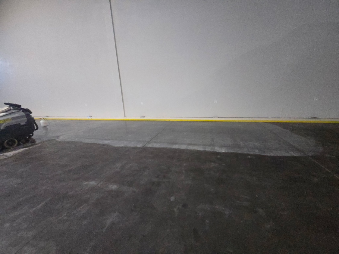 Sharp dividing line between dull untreated concrete and the sealed, reflective treated surface