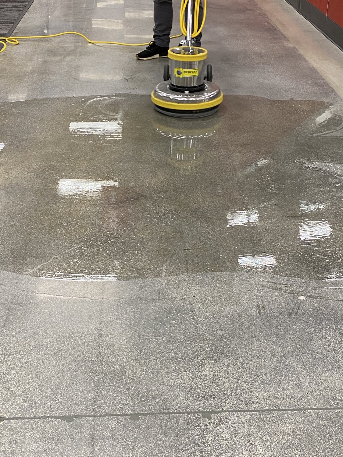 Floor buffer working the treatment line, polished concrete on one side and untreated slab on the other