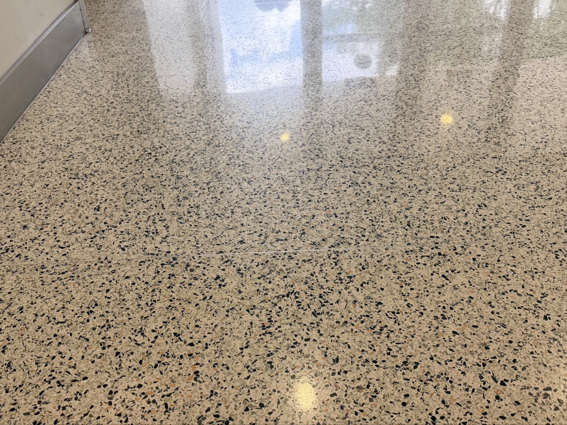Close-up of a polished terrazzo-look floor with exposed stone aggregate and a high shine